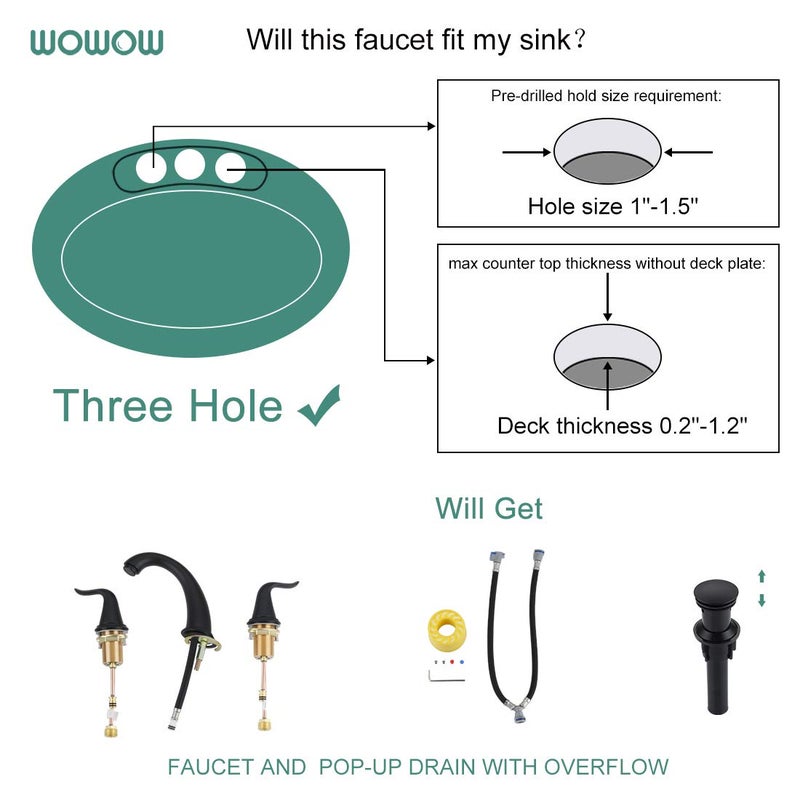 WOWOW Widespread Bathroom Faucet - 3 Hole, Black, 8 Inch Center, Double Handle, High Arc, Lavatory Basin Faucet with Pop Up Drain Assembly - Image 4